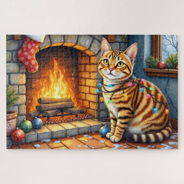 Puzzle Gato Bengal Hogar con Luces de Navidad (Horizontal)
