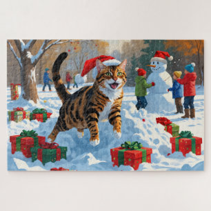 Puzzle Gato Bengal Navidad Paisaje Invernal Mágico