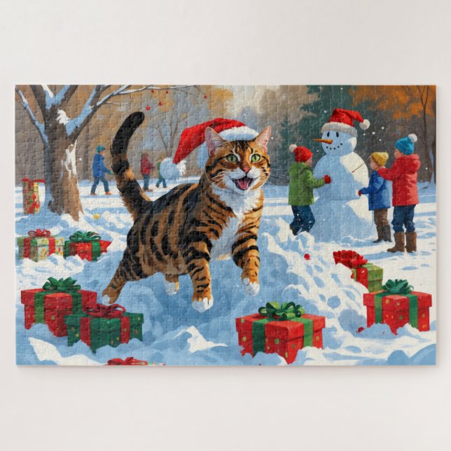 Puzzle Gato Bengal Navidad Paisaje Invernal Mágico (Horizontal)