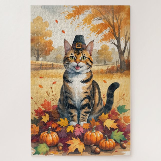 Puzzle Gato bengalí en otoño deja arte de Acción de Graci (Vertical)