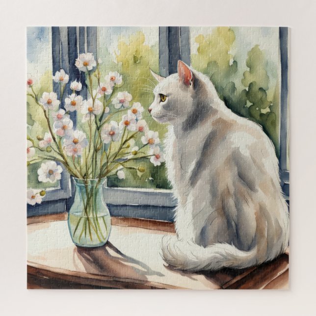 Puzzle Gato blanco acuarela y maricas (Vertical)