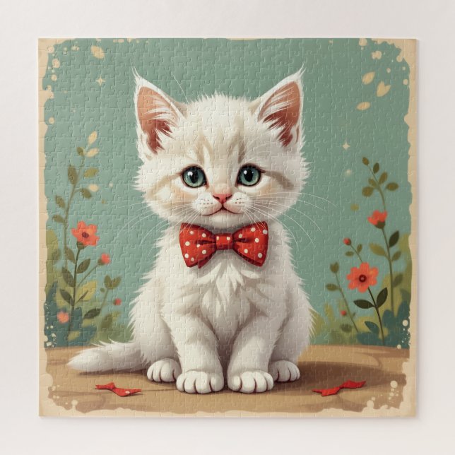 Puzzle Gato blanco adorable y lindo con corbata de moño (Vertical)