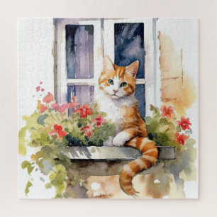 Puzzle Gato Blanco Amarillo Caja de Flores en la Ventana