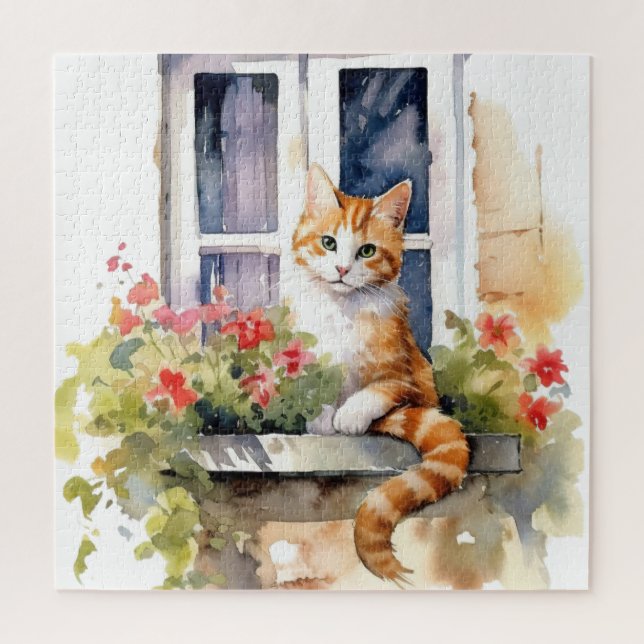 Puzzle Gato Blanco Amarillo Caja de Flores en la Ventana  (Vertical)