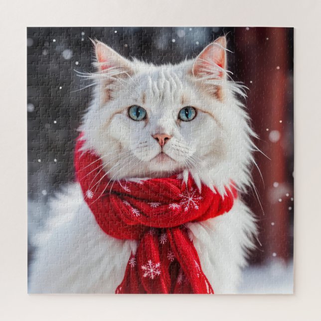 Puzzle Gato blanco con bufanda de invierno roja (Vertical)