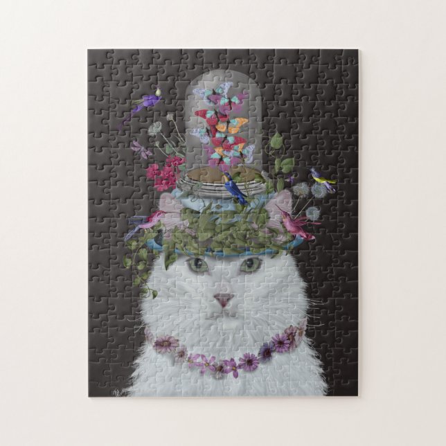 Puzzle Gato blanco con mariposa Bell Jar (Vertical)