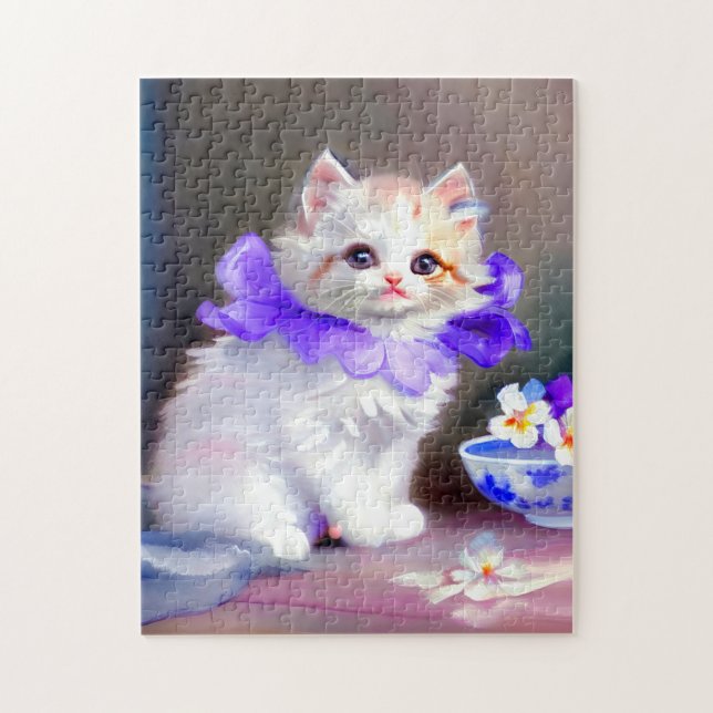 Puzzle Gato blanco con pintura de cuello de flores morada (Vertical)