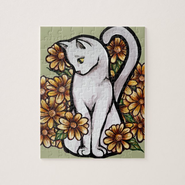 Puzzle Gato blanco Daisy Flores Gatos (Vertical)
