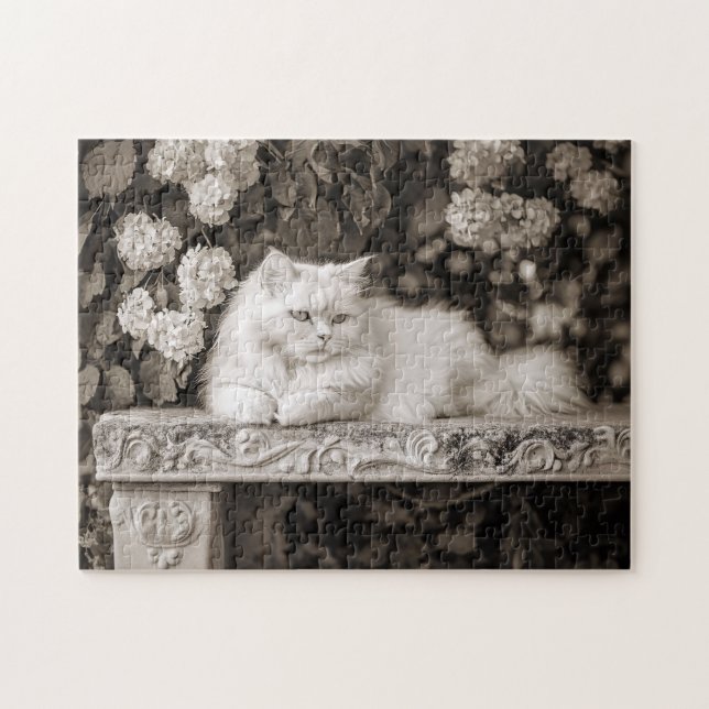 Puzzle Gato blanco en el jardín de flores (Horizontal)