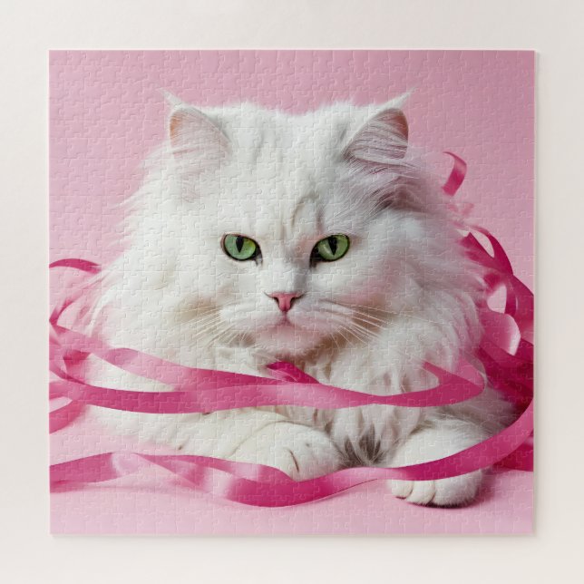 Puzzle Gato Blanco Envuelto En Cinta Rosa (Horizontal)