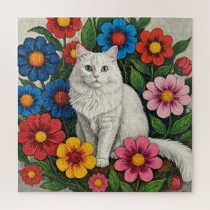 Puzzle Gato Blanco Esponjoso y Flores de Arte Popular