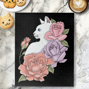 Puzzle Gato Blanco Floral Pastel Botánico Romántico Negro