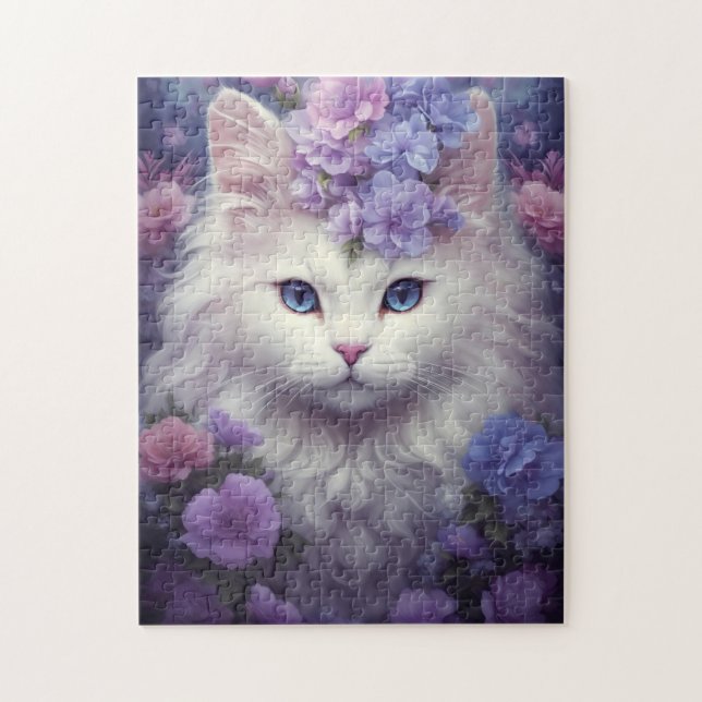 Puzzle Gato blanco lindo con flores, arte de fantasía (Vertical)