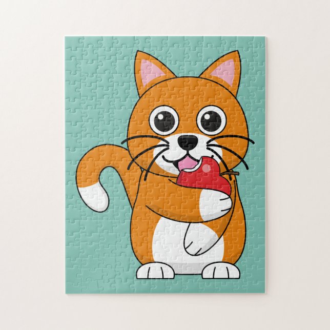 Puzzle Gato blanco Naranja lindo comiendo Personalizado d (Vertical)