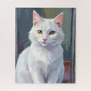 Puzzle Gato Blanco   Pintura de Mascota de Gato en Acuare