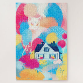 Puzzle Gato blanco y casa de campo