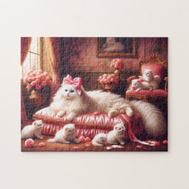 Puzzle Gato Blanco y Gatitos Rosa Rosa Familia Felina de 