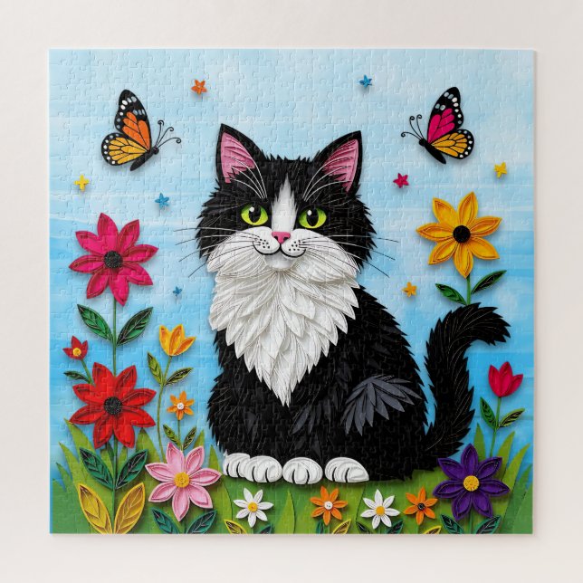 Puzzle Gato blanco y negro lindo, flores y mariposas (Vertical)