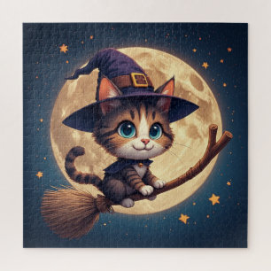 Puzzle Gato Bruja Lindo Bajo Estrellas Y Luna Llena 🎃