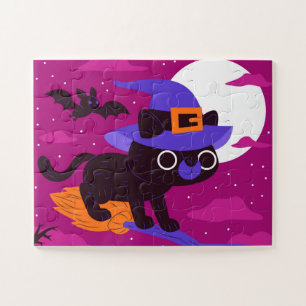 Puzzle Gato Bruja Lindo Vuela en Escoba Halloween Kawaii