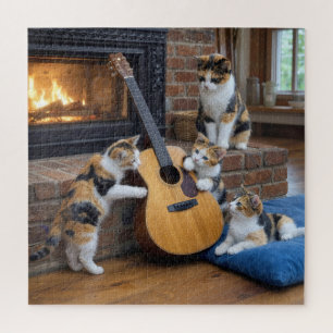 Puzzle Gato calico con gatitos y guitarra