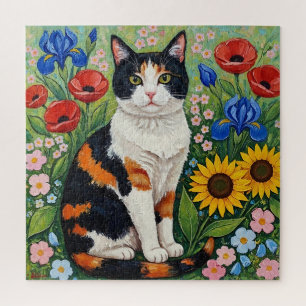 Puzzle Gato calico y girasoles arte popular