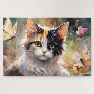 Puzzle Gato calico y mariposas en jardín de primavera