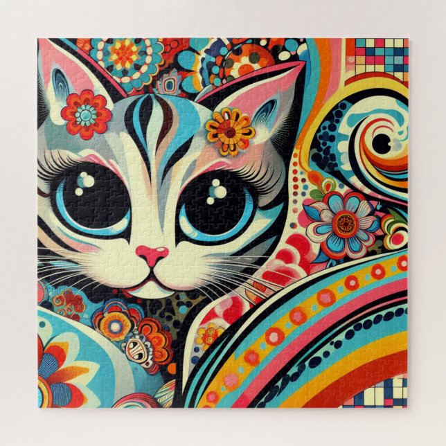 Puzzle Gato caprichoso arte folclórico mexicano estilo Ta (Horizontal)