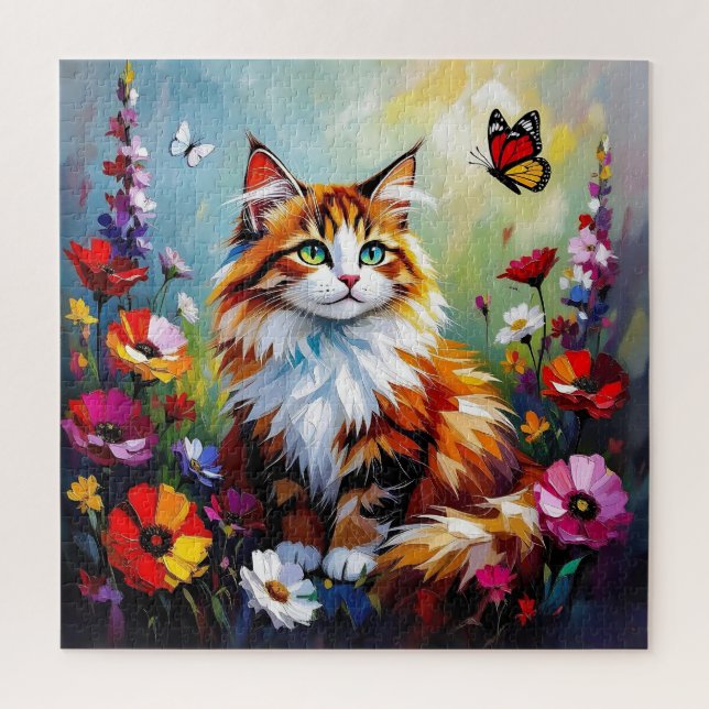 Puzzle Gato caprichoso lindo, flores y mariposas (Vertical)