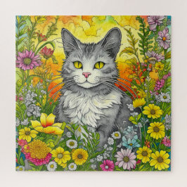 Puzzle Gato caprichoso y flores