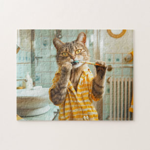 Puzzle Gato cepillándose los dientes en pijama de rayas e