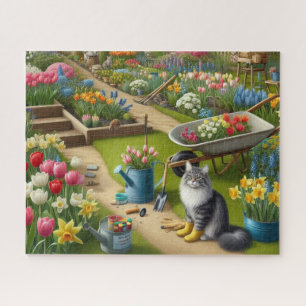 Puzzle Gato con botas de jardín floral