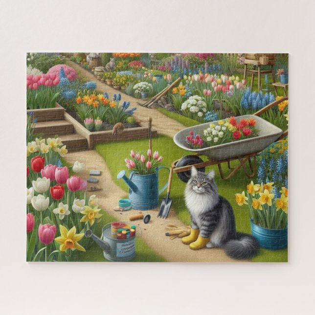 Puzzle Gato con botas de jardín floral  (Horizontal)