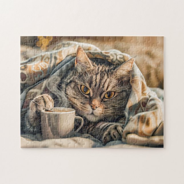 Puzzle Gato con café y libro en manta acogedora (Horizontal)