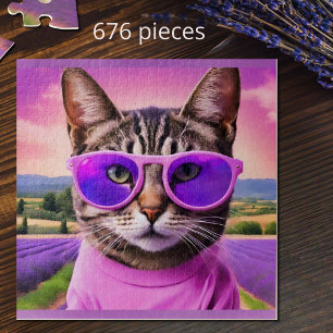 Puzzle Gato con estilo - - campo de lavanda