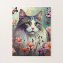 Puzzle Gato con flores y mariposas Cat 701