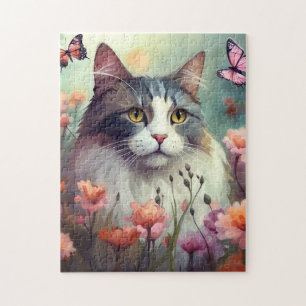 Puzzle Gato con flores y mariposas Cat 701