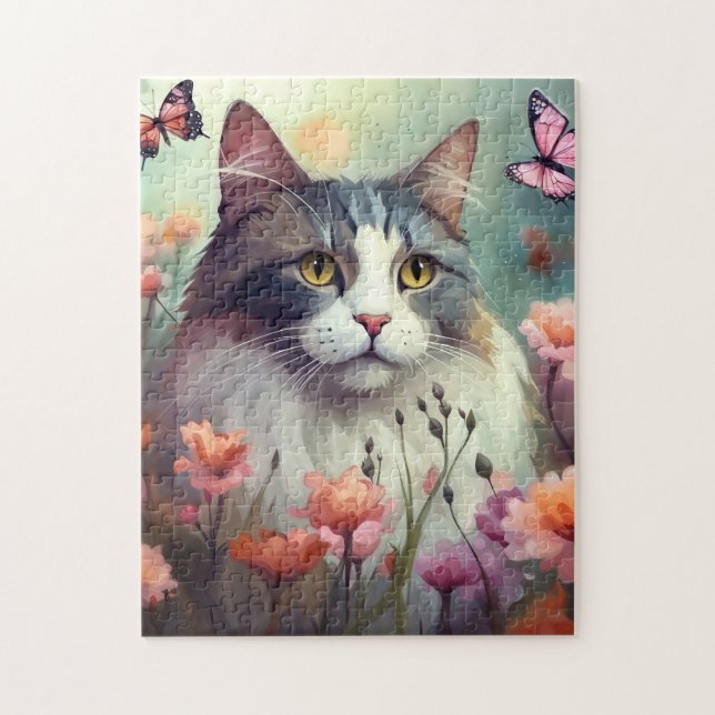 Puzzle Gato con flores y mariposas Cat 701 (Vertical)