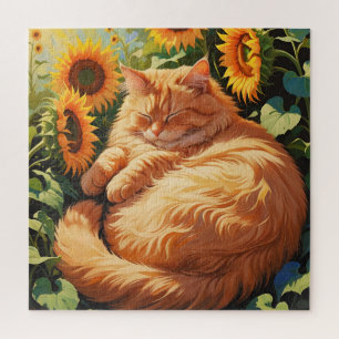 Puzzle Gato con Naranja de grasa dormido con girasoles