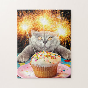 Puzzle Gato Con Pastel De Sparkler