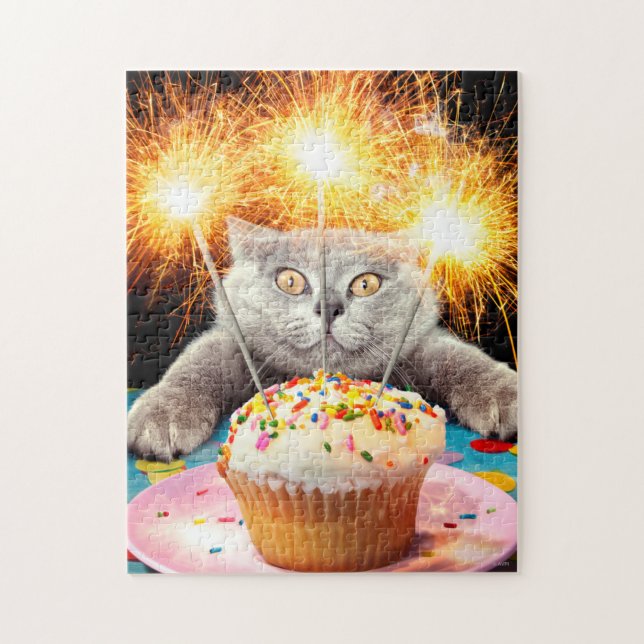 Puzzle Gato Con Pastel De Sparkler (Vertical)
