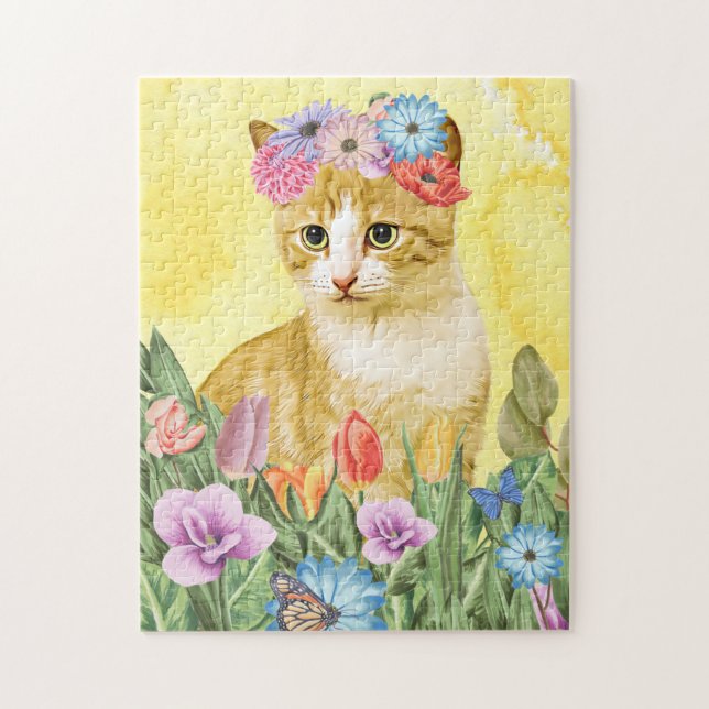 Puzzle Gato con primavera de flores (Vertical)