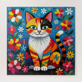 Puzzle Gato de arte popular boho, flores y mariposa