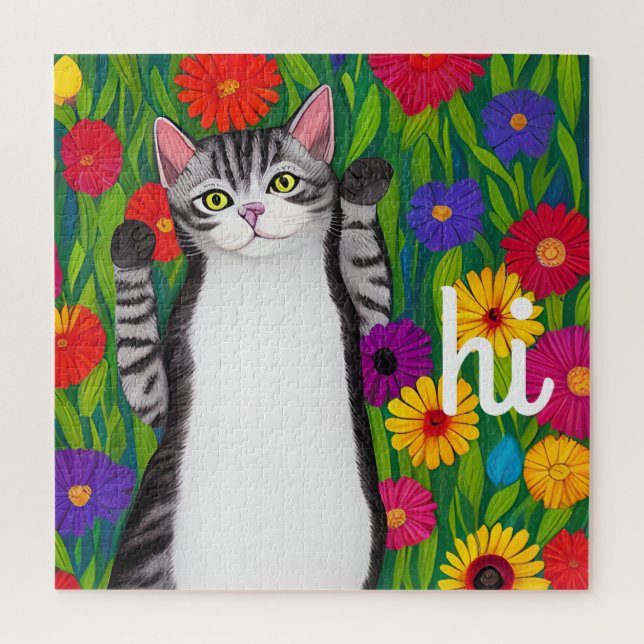Puzzle Gato de arte popular lindo diciendo hola entre las (Vertical)
