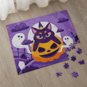 Puzzle Gato de bruja y calabaza de Halloween lindos con f