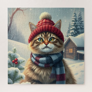 Puzzle Gato de carne picada con atuendo de invierno y inv