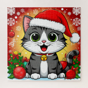 Puzzle Gato de dibujos animados con sombrero de Santa con