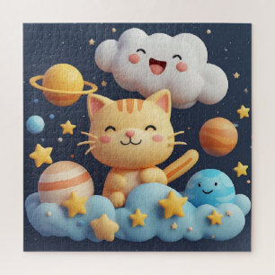 Puzzle Gato de dibujos animados lindo en nube con sombrer