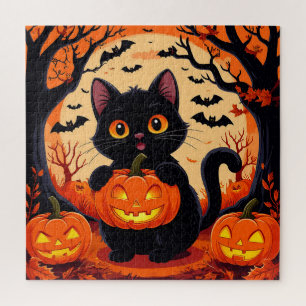 Puzzle Gato de dibujos animados y calabazas bajo luna lle