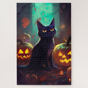 Puzzle Gato de Halloween Tuxedo con calabazas aterradoras